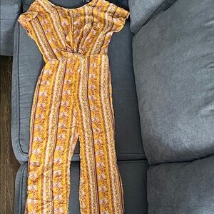 art class Yellow Patterned Kids Jumpsuit with Tie Front